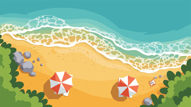 Top down aerial view of a tropical sandy beach with turquoise ocean waves and two bright red and white umbrellas.