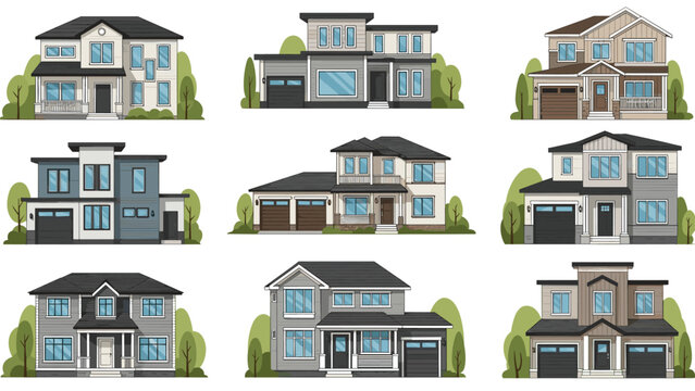 Set of nine modern suburban house illustrations with diverse architectural styles, gabled roofs, multiple windows, and manicured green lawns.