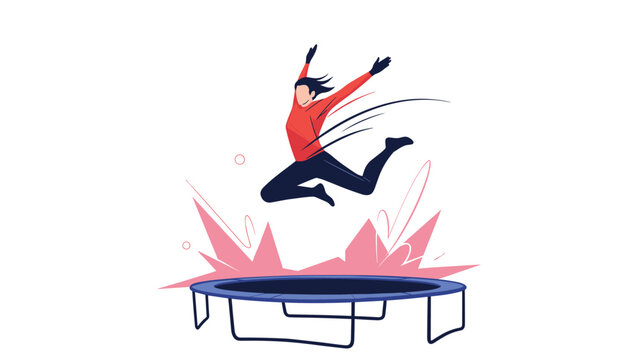 Action illustration of a person jumping high in the air above a blue trampoline, with pink dynamic shapes suggesting energy and motion.