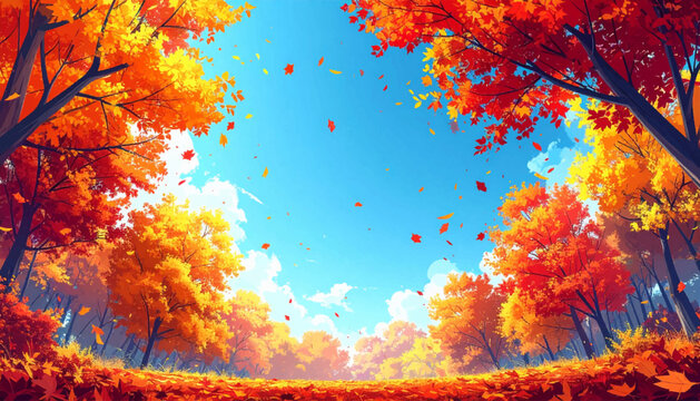 Sunlit autumn meadow bordered by maple trees and glowing leaves. Warm parkland vista featuring golden grass under open cobalt. Inviting landscape for holiday poster merchandising