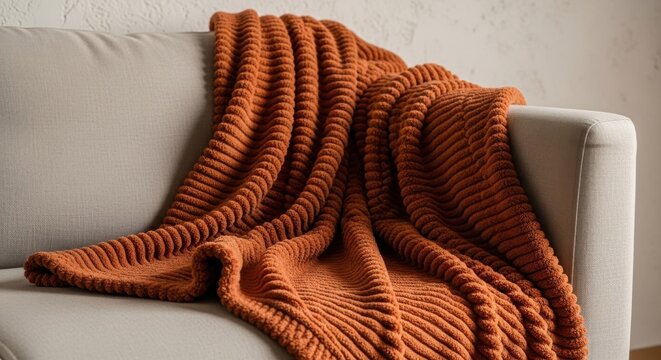 Luxurious Terracotta Chenille Plush Throw Blanket with Ribbed Texture for Cozy Comfort and Home Decor