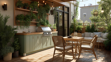 Fototapeta premium Outdoor Oasis: A beautifully designed outdoor kitchen and dining area exudes tranquility, perfect for entertaining or relaxing in a nature-inspired setting. 