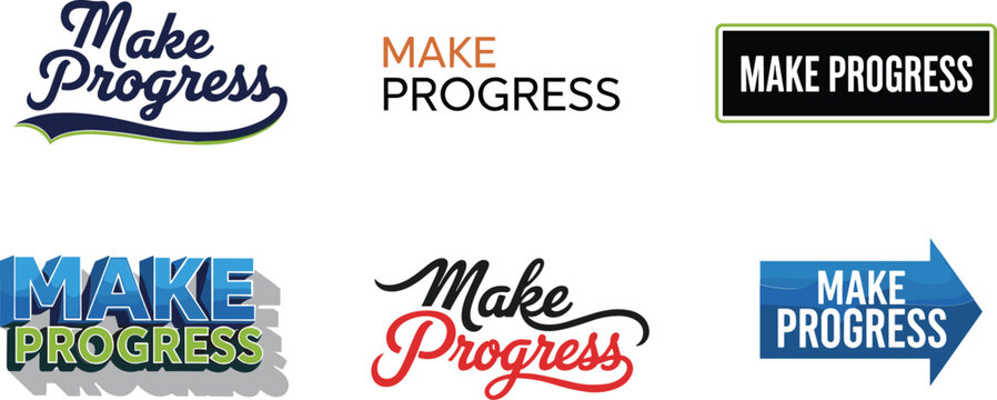 Motivational typography logo set, make progress phrase designs, inspirational lettering variations with bold fonts, arrows, cursive scripts, 3D styles &ndash; flat vector illustration