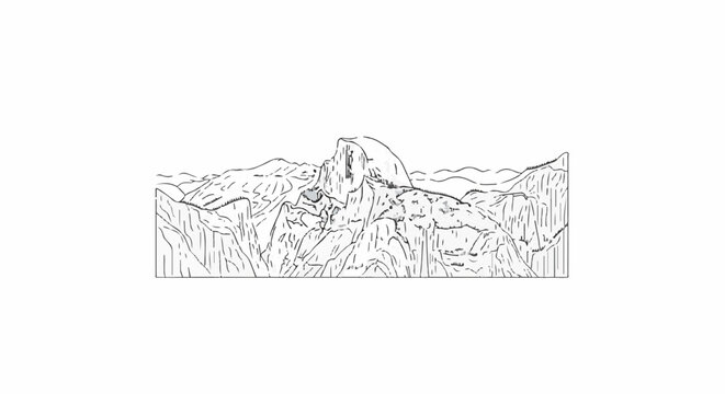 Stylized ink drawing of Half Dome in Yosemite, with textured rock formations
