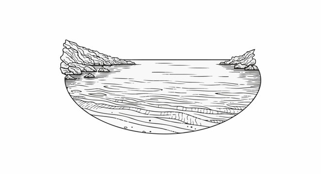 Stylized ink drawing shows a cross-section of a rocky coastline and seabed