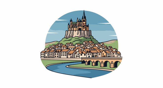 Stylized illustration of a medieval castle and town on a hill, with a river and bridge