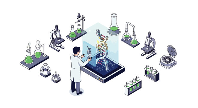 Scientist Analyzing DNA Hologram in Isometric Laboratory, Biotechnology and Genetic Engineering Research Illustration