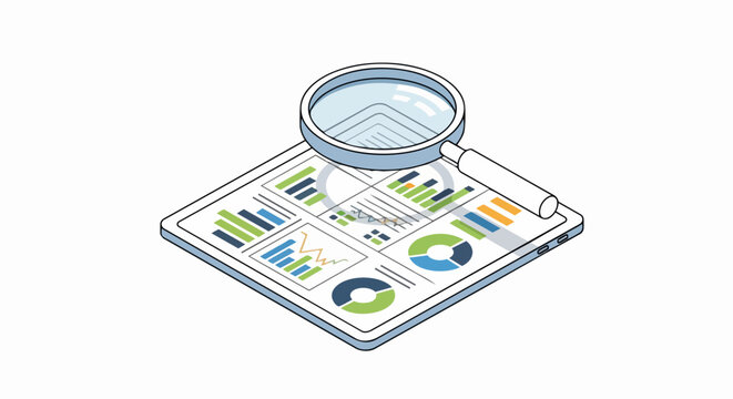Isometric Business Data Analysis Illustration with Tablet and Magnifying Glass - Financial Dashboard, Reports, and Analytics Research Concept