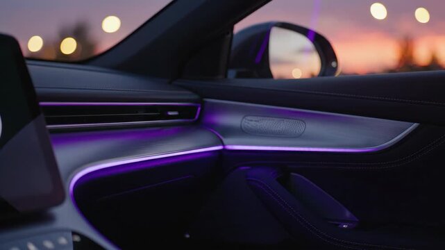 Ambient purple cabin lighting car interior dusk with leather trim brushed metal accents ambient purple cabin lighting dashboard trim leather door
