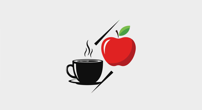 Stylized black coffee cup with steam and a red apple with a leaf