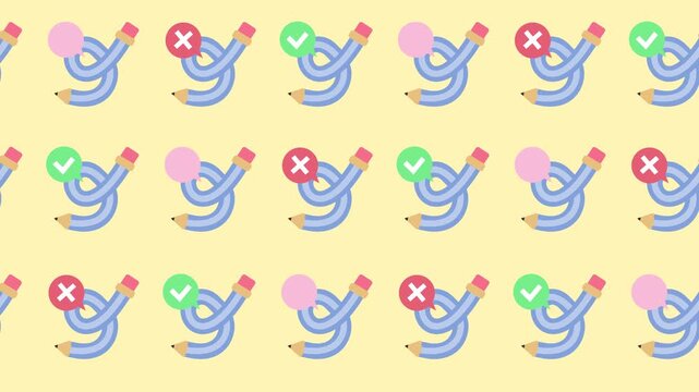 Seamless pattern of flexible pencil icons with status notification badges in a background animation. Flat design creative workflow wallpaper with success, error, and like symbols.