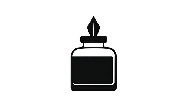 Black inkwell with a pen nib resting on its top. Minimalist design against a white background