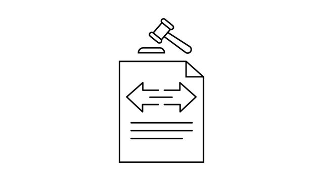 Arbitration Clause Minimalist Black Line Vector Icon on White Background Representing a Legal Document with a Gavel and Double Arrow for Dispute Resolution and Contract Law Illustration.
