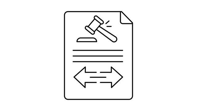 Arbitration Clause Vector Icon: A minimalist black line illustration of a legal document featuring a judge's gavel and opposing arrows, representing dispute resolution, mediation, and law.