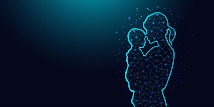 Low poly wireframe of a mother holding her child on dark blue background.