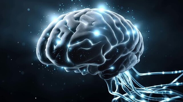 Futuristic holographic human brain display sci-fi environment digital art electric blue neural signals high-tech concept
