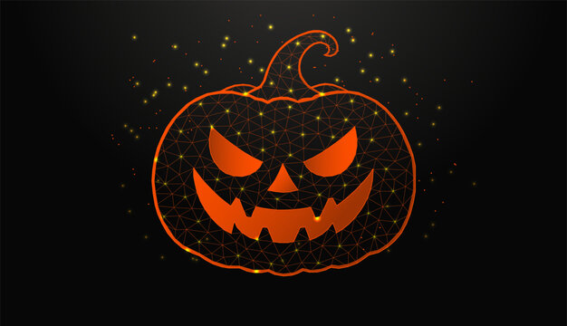 Low poly wireframe Halloween pumpkin jack o lantern on dark background.