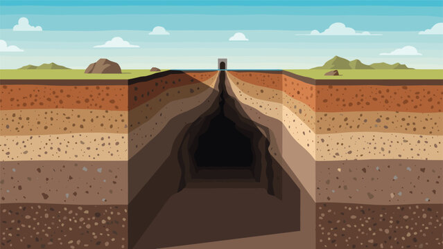 Deep underground tunnel cross section reveals multiple layers of earth and rock beneath a surface with mountains and a horizon.