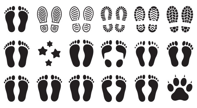 Human footprints vector set, bare walking footprints shoes kids feet icon set footsteps path trail navigation route follow track illustration