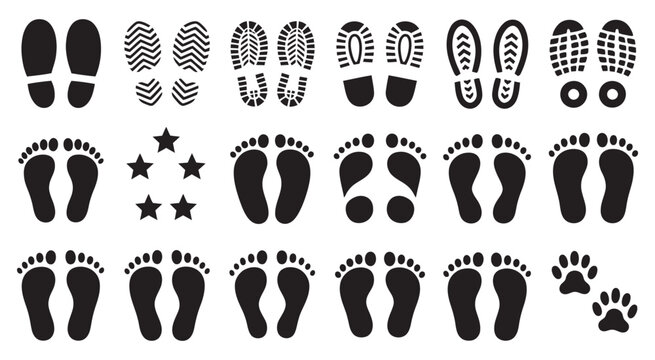 Human footprints vector set, bare walking footprints shoes kids feet icon set footsteps path trail navigation route follow track illustration