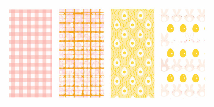 Four colorful patterned fabric swatches arranged in a vertical row