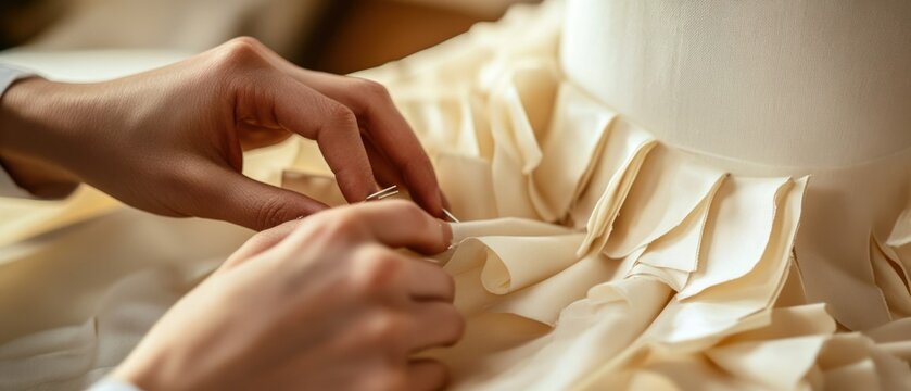 Hands sewing white fabric with details close up