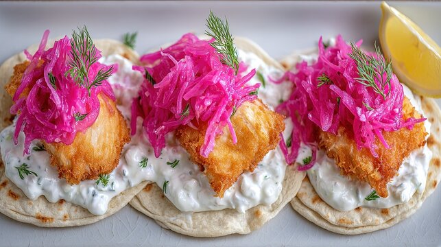 Three breaded fish tacos topped with pickled red onions creamy sauce and fresh dill sprigs served with a lemon slice