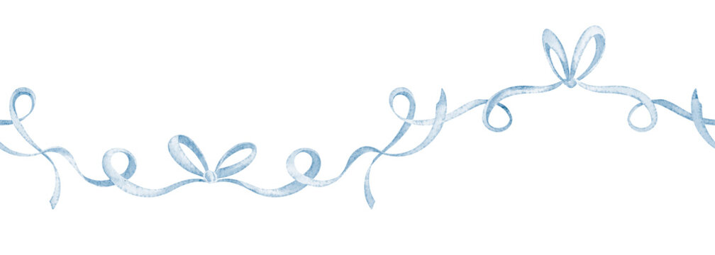 Watercolor horizontal border with Ribbon and Bows in soft pastel blue colors. Elegant decorative element for invitations, greeting cards, nursery banners and gentle party designs.