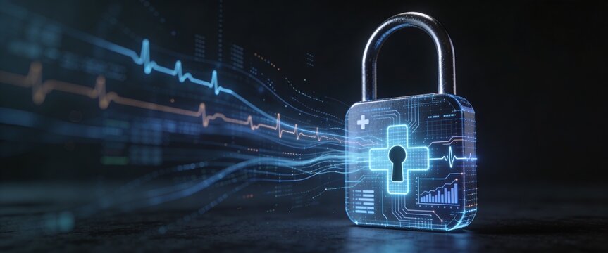 Digital padlock with medical data flow for health analytics security concept