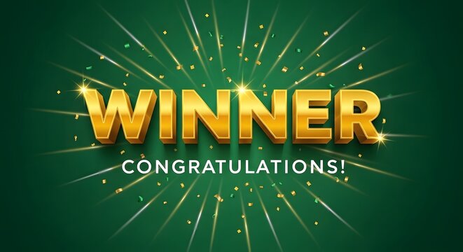 A golden winner text graphic with celebratory sparkles on a dark green background