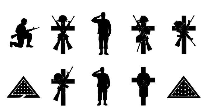 Fallen soldier memorial crosses and military graphics with armed forces