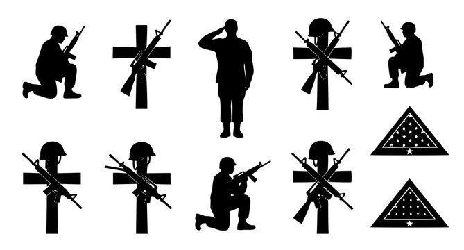 Military memorial graphic elements with soldiers and crosses, air force