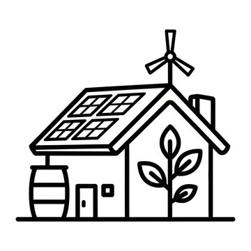 Eco-friendly house with solar panels and wind turbine, sustainable energy