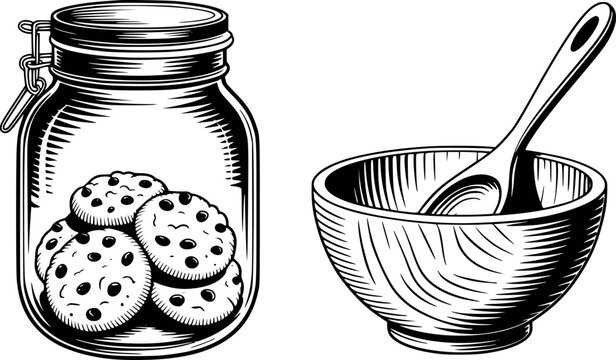 Black and white of chocolate chip cookies in a jar next to a wooden bowl with a spoon