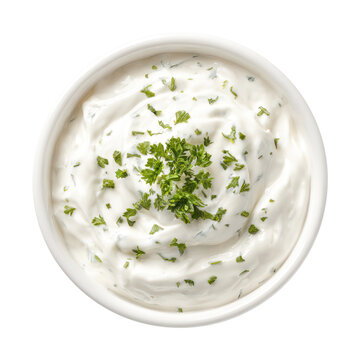 Sour cream and onion dipping sauce in a small white bowl, flat lay view, isolated background, food concept, minimal style, high resolution
