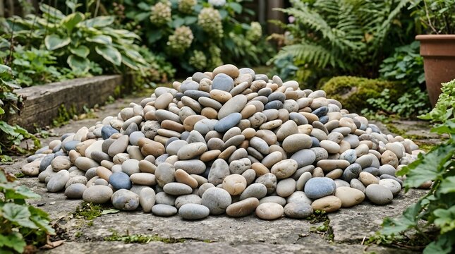 A pile of smooth rocks on a stone path surrounded by lush greenery and plants