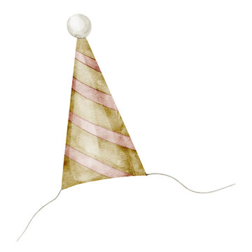 Party hat watercolor illustration in golden color with stripes. Hand painted cone Cap isolated on background. Suitable for birthday greeting cards, invitations and celebration and party design.