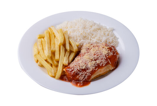 Parmegiana chicken breast, rice and french fries. Typical brazilian executive dish isolated over white background