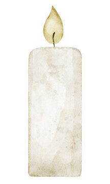 Candle watercolor illustration with soft flame in pastel colors. Hand painted Birthday element isolated on background. Suitable for childish greeting cards or kids invitations and party design.