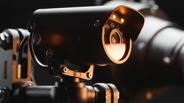 Close-up of a matte black security camera with two glowing orange lights, featuring a ring of infrared LEDs for night vision, mounted on a sturdy metallic bracket in a dark room.