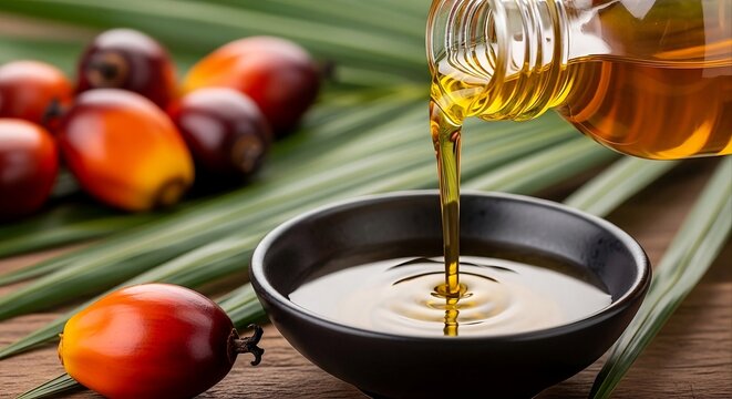 sawit palm oil is being poured from bottle into a black bowl