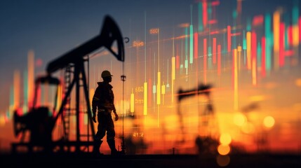 Naklejka premium Sunset & industry: capturing the essence of oilfields at twilight. Currency movement. A moment of tranquility: oil pump inspection during sunsetâ€™s glow. Market forecast. Crypto market.