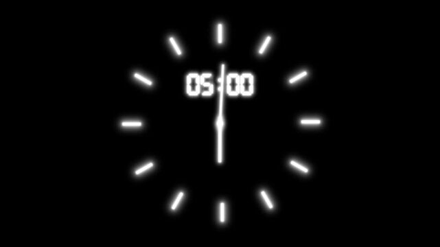 Countdown timer spinning clock one minute timer animation isolated on black background