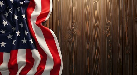 American flag draped against a rustic wooden wall symbolizing patriotism and heritage