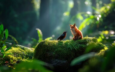 Fototapeta premium Fox and Crow on Moss-Covered Rock in Lush Green Forest Setting