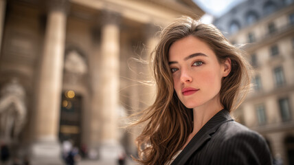 Fototapeta premium Female diversity. Human rights, equal opportunity concept. A portrait of a young woman captured in a candid moment in an urban setting. She has long, wavy brown hair and striking blue eyes.