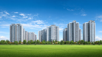 Fototapeta premium Modern skyscrapers stand tall against a clear blue sky, surrounded by lush green fields and vibrant landscape.
