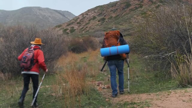 hikers walking along unclear trail rear view, two men trekking through remote hillside with backpacks, poles, facing uncertainty and possible wrong direction, outdoor risk navigation and getting lost