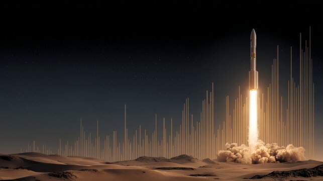 Nighttime missile launch amidst middle eastern desert tensions. Business strategy. Intense rocket launch casts fiery glow on desert night. Growth strategy. Sales analytics.