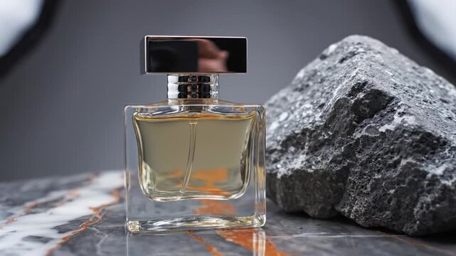 Square clear glass perfume bottle with chrome cap and amber liquid, standing on polished marble surface with orange veins beside a large rough grey rock, studio photography.